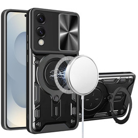 Superior Series Hybrid Case with MagSafe Magnetic Ring Stand and Camera Lens Cover for Samsung Galaxy S25 Edge - Black