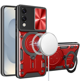 Superior Series Hybrid Case with MagSafe Magnetic Ring Stand and Camera Lens Cover for Samsung Galaxy S25 Edge - Red