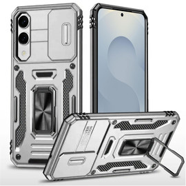 Military Grade Ring Holder Case with Camera Lens Cover for Samsung Galaxy S25 Edge - Silver