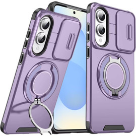 Dual Layer MagSafe Case with Rotating Stand and Privacy Camera Cover for Samsung Galaxy S25 Edge - Purple