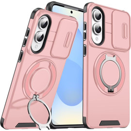 Dual Layer MagSafe Case with Rotating Stand and Privacy Camera Cover for Samsung Galaxy S25 Edge - Pink