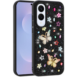 Butterfly Ornaments Diamond Hybrid Case for Samsung Galaxy S25 Edge - Black