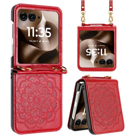 Mandala Flower Leather Protective Cover with Strap for Motorola Razr Ultra 2025 - Red
