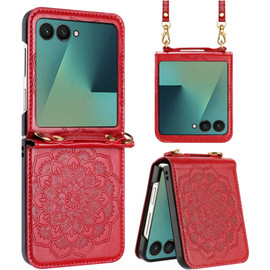 Mandala Flower Leather Protective Cover with Strap for Samsung Galaxy Z Flip 7 - Red