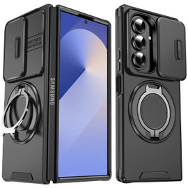 Dual Layer Magnetic Ring Case with Rotating Stand and Privacy Camera Cover for Samsung Galaxy Z Fold 7 - Black