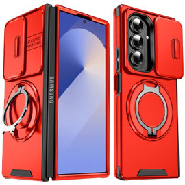 Dual Layer Magnetic Ring Case with Rotating Stand and Privacy Camera Cover for Samsung Galaxy Z Fold 7 - Red