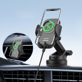 2-IN-1 15W Fast Qi Certified Wireless Car Charger with Air Vent, Dashboard and Windshield Mount - Black