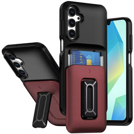 Military Grade All-In-One Hybrid Case with Card Pocket, Kickstand and Hand Strap for Samsung Galaxy A16 5G - Black Red