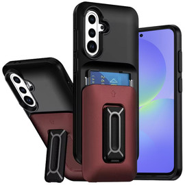 Military Grade All-In-One Hybrid Case with Card Pocket, Kickstand and Hand Strap for Samsung Galaxy A36 5G - Black Red