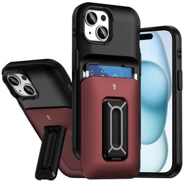 Military Grade All-In-One Hybrid Case with Card Pocket, Kickstand and Hand Strap for iPhone 15 - Black Red