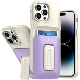 Military Grade All-In-One Hybrid Case with Card Pocket, Kickstand and Hand Strap for iPhone 14 Pro Max - Beige Purple