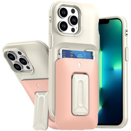 Military Grade All-In-One Hybrid Case with Card Pocket, Kickstand and Hand Strap for iPhone 13 Pro Max - Beige Pink