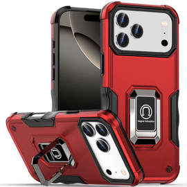 Military Grade Shockproof Hybrid Armor Case with Ring Grip for iPhone 17 Pro Max - Red