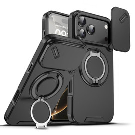Dual Layer Magnetic Ring Case with Rotating Stand and Privacy Camera Cover for iPhone 17 Pro Max - Black