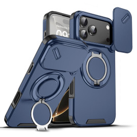 Dual Layer Magnetic Ring Case with Rotating Stand and Privacy Camera Cover for iPhone 17 Pro Max - Blue