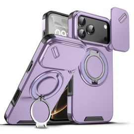 Dual Layer Magnetic Ring Case with Rotating Stand and Privacy Camera Cover for iPhone 17 Pro - Purple