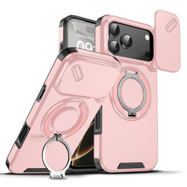Dual Layer Magnetic Ring Case with Rotating Stand and Privacy Camera Cover for iPhone 17 Pro - Pink