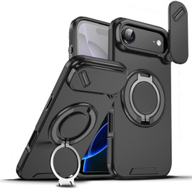 Dual Layer Magnetic Ring Case with Rotating Stand and Privacy Camera Cover for iPhone Air - Black