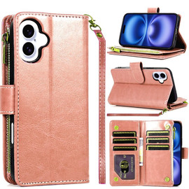 Leather Wallet Case with Zipper Pocket for iPhone 17 - Rose Gold