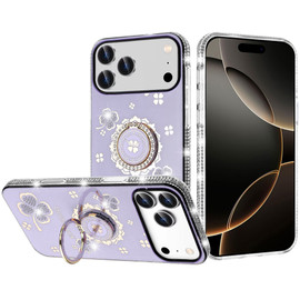 Four-Leaf Clover Diamond Rhinestone Case with Ring Grip for iPhone 17 Pro - Purple