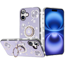 Four-Leaf Clover Diamond Rhinestone Case with Ring Grip for iPhone 17 - Purple