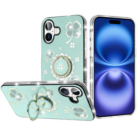 Four-Leaf Clover Diamond Rhinestone Case with Ring Grip for iPhone 17 - Teal
