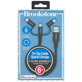 Brookstone MFi Certified 3-in-1 USB-C / Lightning / Micro-USB Tri-Tip Charging Cable 6FT - Black