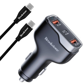 Brookstone 50W Power Delivery 3-Port Car Charger and 4ft USB-C Cable Charging Kit - Black