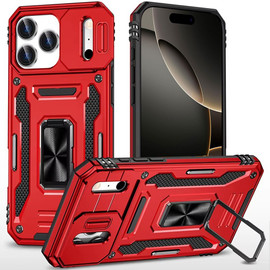 Military Grade Ring Holder Case with Camera Lens Cover for iPhone 17 Pro - Red