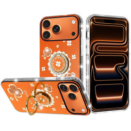Four-Leaf Clover Diamond Rhinestone Case with Ring Grip for iPhone 17 Pro Max - Cosmic Orange