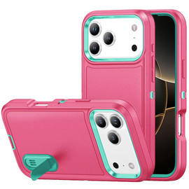 Military Grade TUFF Hybrid Armor Case with Kickstand for iPhone 17 Pro - Hot Pink Teal