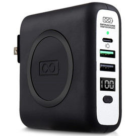 InfinaCore Pandora P3 8000mAh Portable Power Bank Battery Qi Wireless Charging Pad with USB-C and USB-A Wall Charger Ports - Black