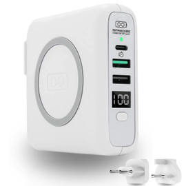 InfinaCore Pandora P3 8000mAh Portable Power Bank Battery Qi Wireless Charging Pad with USB-C and USB-A Wall Charger Ports (With EU/UK Travel Adaptors) - White