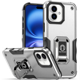 Military Grade Shockproof Hybrid Armor Case with Ring Grip for iPhone 17 - Silver