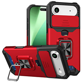 Military Grade All-In-One Ring Stand Card Case for iPhone Air - Red