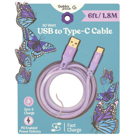 Gabba Goods 60W Leather Design USB-C to USB-A Charge and Sync Cable 6 ft. - Lavender