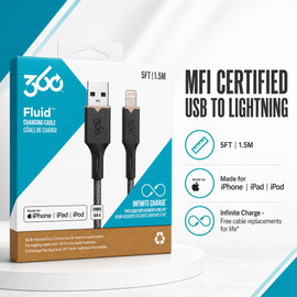 360 Electrical Fluid Nylon Braided MFi Certified Lightning Connector to USB-A Charge and Sync Cable - Black