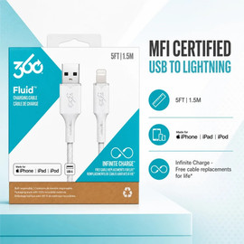 360 Electrical Fluid Nylon Braided MFi Certified Lightning Connector to USB-A Charge and Sync Cable - White