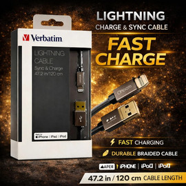 Verbatim Nylon Braided MFi Certified Lightning Connector to USB-A Charge and Sync Cable - Grey