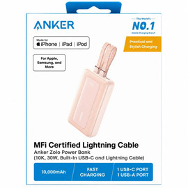 Anker Zolo 30W 10000mAh Power Bank Battery with Integrated USB-C and Lightning Charging Cables - Pink