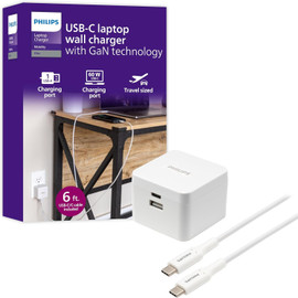 Philips Elite 67.5W GaN Technology High-Speed Dual-Port USB-C Laptop, Smartphone, Tablet Wall Charger with USB-C Cable - White