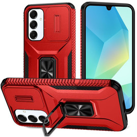 Combat Tough Series Ring Holder Case with Camera Lens Cover for Samsung Galaxy A17 5G - Red