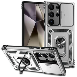 Military Grade Hybrid Case with Ring Grip and Camera Lens Protector for Samsung Galaxy S26 Ultra - Silver
