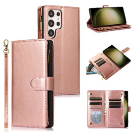 Leather Wallet Case with Zipper Pocket for Samsung Galaxy S26 Ultra - Rose Gold