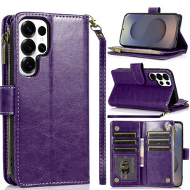 Leather Wallet Case with Zipper Pocket for Samsung Galaxy S26 Ultra - Purple
