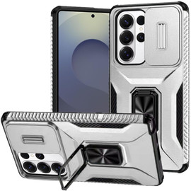Combat Tough Series Ring Holder Case with Camera Lens Cover for Samsung Galaxy S26 Ultra - Silver