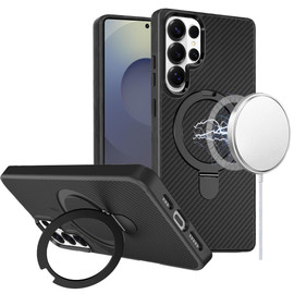 Carbon Fiber Series Magnetic Armor Stand Case for Samsung Galaxy S25 Ultra - Black