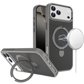 Carbon Fiber Series MagSafe Armor Stand Case for iPhone 17 Pro Max - Grey