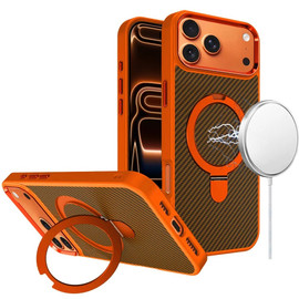 Carbon Fiber Series MagSafe Armor Stand Case for iPhone 17 Pro - Cosmic Orange