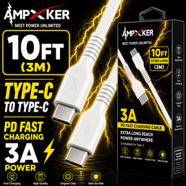Ampxker 10 ft USB-C to USB-C High-Speed Charge & Sync Cable - White